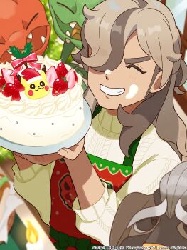 1boy apron arven_(holiday_2025)_(pokemon) arven_(pokemon) blurry brown_hair cake closed_eyes commentary_request depth_of_field eyelashes fire food fruit grin hair_over_one_eye hands_up highres holding long_hair mabosstiff male_focus nintendo official_alternate_costume pokemon pokemon_(creature) pokemon_masters_ex print_apron red_apron scovillain shiokonbu. smile sparkle strawberry sweater teeth white_sweater