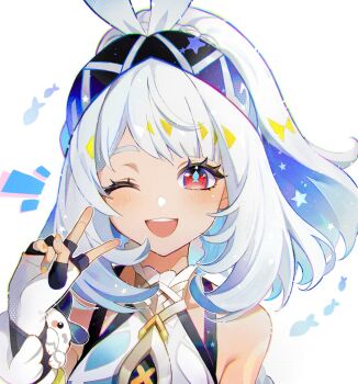 1girl ;d bare_shoulders blue_hair blue_hairband blue_nails blue_pupils blush braid commentary_request fingerless_gloves fish-shaped_pupils genshin_impact gloves hairband hand_up highres looking_at_viewer mi505521 mualani_(genshin_impact) multicolored_hair multicolored_nails nail_polish one_eye_closed open_mouth orange_nails red_eyes simple_background smile solo star_(symbol) symbol-shaped_pupils teeth upper_body upper_teeth_only v white_background white_gloves white_hair