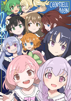 6+girls :d absurdres ahoge ando_tazusa assault_lily black_hair black_ribbon black_shirt blonde_hair blue_background blue_eyes blunt_bangs blush bow bowtie braid brown_eyes brown_hair closed_mouth clover_hair_ornament commentary_request eye_contact fang flower four-leaf_clover_hair_ornament futagawa_fumi green_eyes green_hair grey_hair grin hair_bow hair_flower hair_ornament hair_ribbon hand_up hands_up heterochromia highres hitotsuyanagi_riri hitotsuyanagi_yuri imminent_hug inset_border kaede_johan_nouvel kuo_shenlin light_particles looking_at_another looking_at_viewer looking_to_the_side low_twin_braids low_twintails miriam_hildegard_von_gropius multiple_girls official_alternate_costume one_side_up open_mouth orange_hair ougino outside_border outstretched_arms pink_bow pink_bowtie pink_eyes pink_hair ponytail profile purple_bow purple_bowtie purple_eyes purple_hair ribbon shirai_yuyu shirt sideways_glance skin_fang smile sweatdrop teeth twin_braids twintails two_side_up upper_teeth_only wang_yujia white_bow white_flower yellow_eyes yellow_ribbon yoshimura_thi_mai