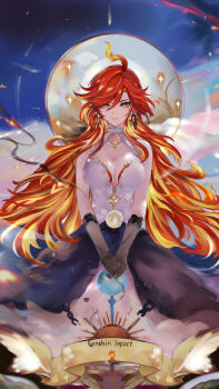 Rule 34 | 1girl, ahoge, alternate costume, artist name, black gloves, blonde hair, breasts, cat23, chinese commentary, cleavage, closed mouth, commentary request, copyright name, earrings, genshin impact, gloves, hair between eyes, highres, jewelry, large breasts, long hair, looking at viewer, mavuika (genshin impact), multicolored hair, red eyes, red hair, sitting, solo, symbol-shaped pupils, very long hair