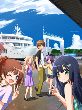 >:) 1boy 4girls :d ;d black_hair black_shorts blue_eyes blue_sky blunt_bangs blush brown_eyes brown_hair character_request child closed_mouth cloud commentary_request cumulonimbus_cloud day dress forehead from_behind full_body gomasho_asuka hair_ornament hairclip hand_up happy highres long_hair looking_at_viewer looking_back multiple_girls one_eye_closed open_mouth orange_hair outdoors pants parallel_hairclips parted_bangs photo_background pink_shirt plaid_clothes plaid_dress purple_dress purple_eyes ship shirt shirt_tug shore short_hair short_sleeves shorts sky sleeveless sleeveless_dress smile split_mouth standing standing_on_one_leg straight_hair summer_pockets takahara_hairi tareme twintails twitter_username upper_body v v-shaped_eyebrows watercraft white_shirt yellow_pants yellow_shirt
