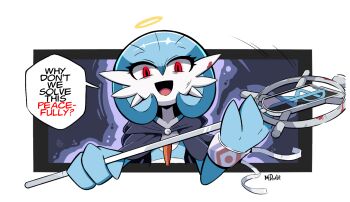 Rule 34 | 1girl, alternate color, artist name, bags under eyes, black cape, blood, blood on face, bloody weapon, blue hair, blue skin, bob cut, border, cape, clothed pokemon, colored skin, english text, evil smile, female focus, flat chest, gardevoir, gen 3 pokemon, glowing, glowing eyes, hair between eyes, halo, holding, holding staff, hood, hood down, hooded cape, looking at viewer, mega stone, motion lines, mr. death, multicolored skin, nintendo, open mouth, outside border, pokemon, pokemon (creature), red eyes, scratches, shiny pokemon, short hair, signature, smile, solo, speech bubble, staff, standing, straight-on, talking, team plasma, traditional halo, two-handed, two-tone skin, upper body, weapon, white border, white skin, yellow halo