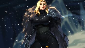 1girl black_bodysuit blonde_hair blue_eyes blurry blurry_background bodysuit breasts coat coat_on_shoulders commentary english_commentary fur_coat gauntlets highres large_breasts long_hair original outstretched_hand parted_lips snowing solo spunkyramaz standing