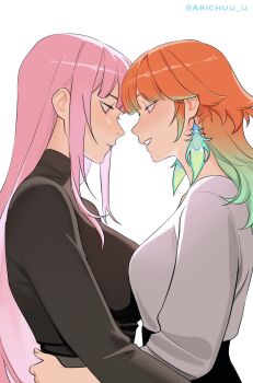 2girls arichuu_u earrings feather_earrings feathers gradient_hair green_hair highres hololive hololive_english jewelry long_hair looking_at_another mori_calliope multicolored_hair multiple_girls orange_hair pink_hair purple_eyes simple_background smile takanashi_kiara twitter_username virtual_youtuber white_background yuri
