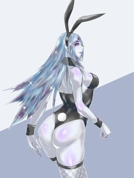1girl ass black_leotard blue_eyes blue_hair blue_skin colored_skin detached_collar elma_(true_form)_(xenoblade_x) elma_(xenoblade_x) fishnet_thighhighs fishnets highres leotard monolith_soft playboy_bunny pointy_ears rabbit_ears rabbit_tail shiny_skin thighhighs wrist_cuffs xeno_(series) xenoblade_chronicles_(series) xenoblade_chronicles_x yuzuriha_caruru