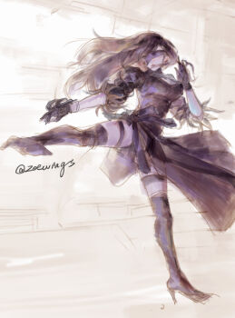 1girl 2b_(nier:automata) 2b_(nier:automata)_(cosplay) absurdres black_boots black_dress black_gloves black_hair blindfold blonde_hair boots breasts commentary cosplay dress english_commentary feather-trimmed_sleeves fighting_stance final_fantasy final_fantasy_vii final_fantasy_vii:_ever_crisis floating_hair full_body gloves high_heels highres juliet_sleeves kicking large_breasts long_hair long_sleeves nier:automata nier_(series) official_alternate_costume puffy_sleeves solo standing standing_on_one_leg thigh_boots thighhighs thighhighs_under_boots tifa_lockhart tifa_lockhart_(battler_ensemble) twitter_username zoewingsz