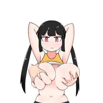 1boy 1girl armpits arms_behind_head arms_up black_hair blue_pants breasts closed_mouth clothes_lift commentary_request deep_skin expressionless grabbing_another&#039;s_breast grabbing_from_behind groping huge_breasts jitome long_hair long_sidelocks looking_down madoro mamiya_hina navel original pants pov pov_hands red_eyes shirt_lift sidelocks simple_background sweat tank_top tsurime twintails white_background yellow_tank_top