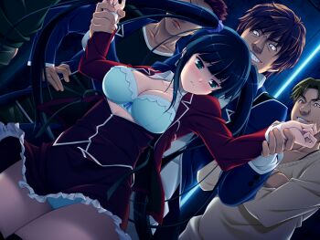 1girl 4boys aqua_bra aqua_eyes aqua_panties black_hair blazer blue_bra blue_panties blush bow bow_bra bra breasts brown_hair cleavage crossed_arms dutch_angle evil_grin evil_smile game_cg grin hand_on_own_hip hetero holding_another&#039;s_wrist imminent_rape jacket kurasawa_anzu large_breasts large_variant_set long_hair multiple_boys nerawareta_megami_tenshi_angel_tear non-web_source official_art open_clothes open_shirt panties restrained school_uniform shirt skirt smile thighhighs tsukumo_kazuita twintails underwear variant_set