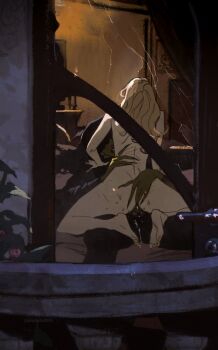 2girls ass balcony blonde_hair cbb_(tuucoo) colored_skin completely_nude dildo elphaba_thropp fingernails from_outside good_witch_of_the_north green_skin highres long_fingernails multiple_girls nude pussy_juice railing scratches scratching_back sex sex_toy sharp_fingernails straddling strap-on upright_straddle wicked yuri