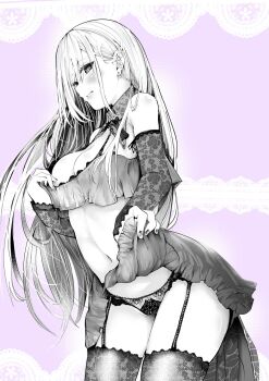 1girl arched_back areola_slip barbell_piercing bare_shoulders black_bra black_panties blush bra bra_pull breasts closed_mouth clothes_lift clothes_pull detached_collar detached_sleeves ear_piercing earrings garter_straps heart heart-shaped_pupils highres industrial_piercing jewelry kitagawa_marin lace lace_bra lace_panties lace_sleeves lace_thighhighs lifting_own_clothes lingerie long_hair looking_at_viewer looking_to_the_side medium_breasts navel panties partially_colored piercing profile sawada_kou skirt skirt_lift solo sono_bisque_doll_wa_koi_wo_suru symbol-shaped_pupils thighhighs underwear