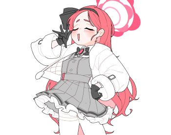 1girl animated animated_gif black_gloves black_hairband black_leotard blue_archive blue_one-piece_swimsuit breasts closed_eyes dress dthmns gloves grey_dress hairband halo jacket leotard long_hair long_sleeves one-piece_swimsuit open_clothes open_jacket open_mouth red_hair red_halo simple_background small_breasts solo swimsuit takane_(blue_archive) thighhighs very_long_hair white_background white_jacket white_thighhighs