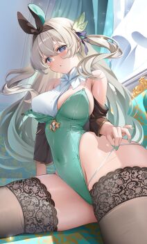 1girl alternate_costume aqua_leotard aqua_nails black_hairband black_thighhighs breasts commentary_request covered_navel curtains firefly_(honkai:_star_rail) grey_hair hairband highres hino_kagutsuki holding_strap honkai:_star_rail honkai_(series) indoors large_breasts leotard long_hair panty_straps parted_lips solo thighhighs thighs