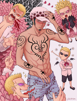 5boys abs absurdres aged_down arm_tattoo black_hair blonde_hair blood blush bulge capri_pants chest_tattoo closed_mouth coat crossed_arms denim donquixote_doflamingo drooling earrings erection erection_under_clothes excited facial_hair feather_coat flower fur_hat goatee hand_tattoo hands_on_own_face hat heart heart-shaped_pupils highres jeans jewelry long_tongue looking_at_another looking_at_viewer lovestruck male_focus middle_finger multiple_boys multiple_persona navel necktie nipples one_piece open_mouth pants pink_coat pleutonium saliva shirt short_hair shoulder_tattoo sparkle sunglasses symbol-shaped_pupils tattoo teeth toned toned_male tongue tongue_out topless_male trafalgar_law white_shirt yaoi yellow_eyes