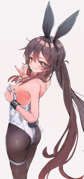 1girl absurdres animal_ears artist_name ass bare_shoulders black_nails black_pantyhose black_wrist_cuffs bodypaint breasts brown_hair commentary fake_animal_ears flower-shaped_pupils genshin_impact grabbing_own_breast hair_between_eyes highres hooriyuu hu_tao_(genshin_impact) leotard long_hair looking_at_viewer painted_clothes pantyhose playboy_bunny rabbit_ears rabbit_tail red_eyes smile solo strapless strapless_leotard symbol-only_commentary symbol-shaped_pupils tail thigh_strap twintails v very_long_hair white_background white_leotard wrist_cuffs