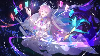 1girl absurdres armlet as_i&#039;ve_written_(honkai:_star_rail) bare_shoulders blue_hair book breasts commentary cyrene_(honkai:_star_rail) cyrene_(ripples_of_past_reverie)_(honkai:_star_rail) diamond-shaped_pupils diamond_(shape) dress fingernails gradient_hair halo hand_up high_heels highres honkai:_star_rail honkai_(series) jewelry long_hair medium_breasts multicolored_hair nail_polish open_book open_mouth pink_hair pink_nails purple_eyes sehir0_gurei shoes sitting smile solo symbol-shaped_pupils very_long_hair white_dress white_shoes yokozuwari