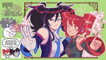 1girl 1other black_hair border cherry_blossoms detached_sleeves green_background headphones heterochromia kasane_teto kasane_teto_(utau) meme necktie number_tattoo red_border red_eyes red_hair russian_commentary springw12 tattoo twintails utau v yokune_ruko yuri