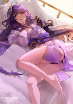 1girl absurdres armor artist_name ass ass_focus bare_legs barefoot blunt_bangs braid breasts bridal_gauntlets cleavage clothing_cutout commentary_request dated feet foot_out_of_frame from_side genshin_impact hair_ornament hair_ribbon highres huge_ass indoors japanese_clothes kimono large_breasts legs lingerie long_braid long_hair looking_at_viewer lying mole mole_under_eye neck_ribbon off_shoulder on_bed on_side open_mouth petting purple_eyes purple_hair purple_kimono raiden_shogun red_ribbon red_sash ribbon sash shade shoulder_armor shoulder_cutout single_braid solo_focus surprised thighs toes underwear wide-eyed window xan_yu yae_miko yae_miko_(fox)