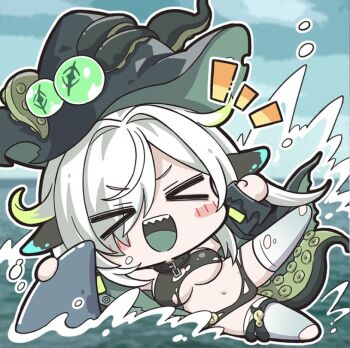 &gt;_&lt; 1girl azur_lane bikini blurry blurry_background blush_stickers breasts chibi closed_eyes collar colored_tongue full_body green_tongue grey_hair hair_between_eyes hair_intakes hat_ornament horizon long_hair medium_breasts multicolored_hair navel nejikirio no_nose ocean open_mouth outdoors outstretched_arms royal_james_(azur_lane) sharp_teeth smile streaked_hair swimsuit teeth tentacles thighhighs torn_bikini torn_clothes torn_thighhighs underboob v-shaped_eyebrows water