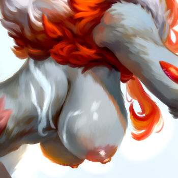 1girl baddelz body_fur breast_focus breasts fox_girl from_side furry furry_female grey_fur head_out_of_frame highres hisuian_zoroark large_breasts multicolored_fur neck_fur nintendo nipples pokemon pokemon_(creature) pokemon_focus red_fur solo upper_body white_fur