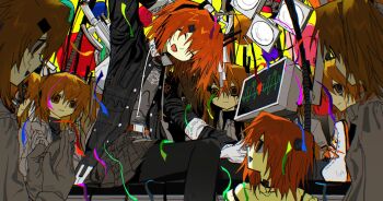 6+girls ^_^ adachi_rei adachi_rei_(vocaloid6) android black_jacket black_pantyhose clapping closed_eyes commentary cracked_skin gloves goguma_wagamja grey_shirt grey_skirt highres jacket lamp looking_at_another miniskirt multiple_girls multiple_persona open_clothes open_jacket open_mouth orange_eyes orange_hair pantyhose pleated_skirt shirt sitting skirt smile sound_wave streamers utau vocaloid white_gloves white_jacket