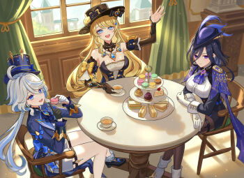 Rule 34 | 3girls, asymmetrical gloves, bare shoulders, black gloves, black hair, black hat, black pantyhose, black skirt, blonde hair, blue eyes, blue gem, blue hair, blue hat, bow, breasts, cake, cake slice, chair, clorinde (genshin impact), closed mouth, commentary request, cup, drop-shaped pupils, food, furina (genshin impact), gem, genshin impact, gloves, hair between eyes, hand up, hands up, hat, highres, indoors, large breasts, long hair, long hair between eyes, long sleeves, looking at viewer, mismatched gloves, mismatched pupils, multiple girls, navia (genshin impact), on chair, open mouth, pantyhose, purple eyes, single glove, sitting, skirt, smile, ssamsa0404, symbol-shaped pupils, tea party, teacup, teeth, top hat, upper teeth only, white gloves, white hair, window, yellow bow