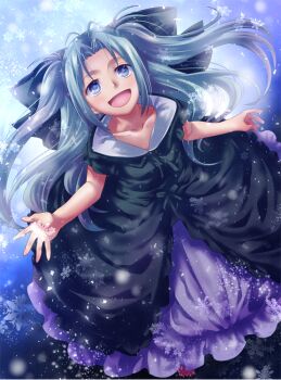 1girl :d black_dress blue_dress blue_eyes breasts cleavage collarbone dress floating_hair grey_hair hair_between_eyes hair_ornament hair_ribbon hooded_dress ikuhashi_muiko long_hair looking_at_viewer looking_up open_mouth puffy_collar ribbon robotics;notes science_adventure short_sleeves sleeveless sleeveless_dress smile solo tongue twintails two_side_up very_long_hair yukifune_airi