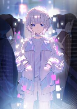 absurdres backlighting bird_ornament blonde_hair blue_eyes blunt_bangs choker choppy_bangs collarbone crowd expressionless flat_chest frilled_jacket frills glitch glowing hands_in_pockets hashtag-only_commentary highres hololive hololive_dev_is iridescent jacket lens_flare long_sleeves looking_at_viewer multicolored_hair open_clothes open_jacket oversized_clothes panda_0035 purple_choker purple_eyes purple_hair purple_streaks see-through_clothes shirt shirt_tucked_in short_hair shorts solo_focus strap streaked_hair todoroki_hajime todoroki_hajime_(1st_costume) two_side_up virtual_youtuber white_jacket white_shirt white_shorts