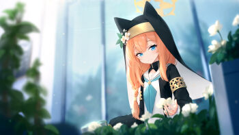 Rule 34 | 1girl, ai floverse, animal ear headwear, blue archive, blue eyes, blue neckerchief, blurry, braid, depth of field, fake animal ears, flower, frills, habit, hair over shoulder, halo, hat, hat flower, highres, holding, holding flower, holding watering can, light blush, light particles, long sleeves, looking down, mari (blue archive), neckerchief, nun, orange hair, outdoors, plant, sailor collar, single braid, smile, solo, upper body, watering can, white sailor collar, window