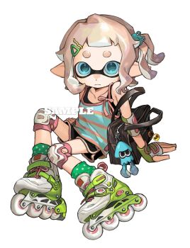 1girl bag_charm black_bag black_shorts blonde_hair blue_camisole blue_eyes camisole charm_(object) closed_mouth commentary dolphin_shorts elbow_pads fingerless_gloves frog_hair_ornament full_body gloves green_gloves green_socks hair_ornament highres inkling inkling_girl inkling_player_character invisible_chair knee_pads looking_at_viewer medium_hair miko_(15476997) multicolored_gloves nintendo one_side_up pink_camisole pink_gloves pointy_ears polka_dot polka_dot_socks roller_skates sample_watermark shorts simple_background sitting skates socks solo splatoon_(series) striped_camisole symbol-only_commentary tentacle_hair triangle_hair_ornament watermark white_background white_gloves