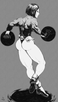 1girl absurdres alternate_ass_size alternate_muscle_size ass back_muscles energy forehead_jewel from_behind grey_background highres legs leotard looking_to_the_side muscular muscular_female non-web_source raven_(dc) shoes short_hair simple_background solo speedl00ver thighs trapezius triceps