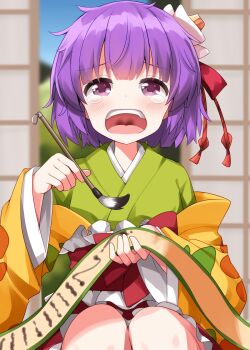 1girl blurry blurry_background blush calligraphy_brush commentary_request feet_out_of_frame green_kimono hair_ornament hakama hieda_no_akyuu highres holding holding_calligraphy_brush holding_paintbrush japanese_clothes kimono long_sleeves looking_at_viewer open_mouth paintbrush purple_eyes purple_hair red_hakama ruu_(tksymkw) scroll short_hair sitting solo tears teeth tongue touhou upper_teeth_only wide_sleeves