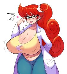 Rule 34 | 1girl, aged up, blue eyes, blush, breasts, cleavage, covered erect nipples, curvy, earrings, female focus, glasses, heart, highres, huge breasts, jewelry, johnny test, lab coat, lips, long hair, mary test, moon, one eye closed, pinkkoffin, red hair, solo, thick thighs, thighs, tongue, tongue out, wide hips, wink
