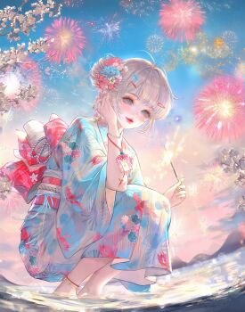 1girl ahoge animal_print anklet barefoot blue_eyes blue_kimono blush bow bracelet fireworks fish_print floral_print flower hair_bun hair_flower hair_ornament hairclip highres holding japanese_clothes jewelry kimono large_variant_set looking_at_viewer makeup obi original outdoors print_kimono sash short_hair sky smile solo sparkler squatting variant_set water wide_sleeves xixizi yukata