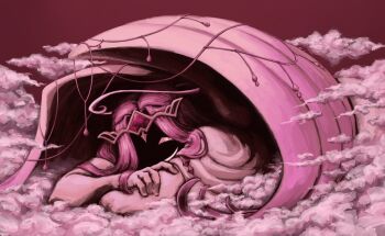 1other angel angel_wings circlet colored_skin commentary cookie_run cookie_run:_kingdom crossed_arms english_commentary eternal_sugar_cookie halo highres humanization jewelry long_hair looking_at_viewer lying on_cloud on_stomach other_focus pink_clouds pink_eyes pink_hair pink_halo shmorblor slit_pupils solo wings