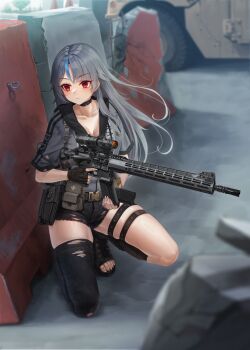 1girl absurdres ammunition_pouch ar-15 asymmetrical_legwear battle behind_cover belt black_choker black_footwear black_gloves black_shorts black_thighhighs blurry brown_eyes car choker clothes_writing commentary_request commission denim denim_shorts depth_of_field enpera_(jdud8375) fingerless_gloves fingernails first_aid_kit gloves grey_hair grey_jacket grey_shirt gun handgun highres holster humvee jacket load_bearing_equipment long_hair magazine_(weapon) motor_vehicle original pouch rebar red_eyes reloading rifle scope sharp_fingernails sharp_toenails shirt shorts skeb_commission solo squatting thigh_strap thighhighs thighs toeless_footwear toenails toes torn_clothes weapon