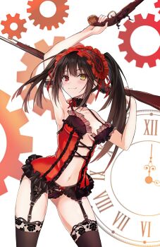 1girl armpits arms_up asymmetrical_hair black_garter_belt black_hair black_panties black_thighhighs breasts collarbone commentary_request date_a_live dual_wielding frilled_hairband frills garter_belt gears hairband heterochromia highres holding lingerie medium_breasts navel panties red_eyes saint_laurent_paris solo stomach thighhighs tokisaki_kurumi twintails underwear yellow_eyes
