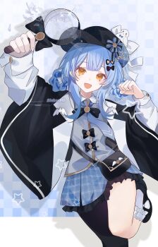 1girl absurdres asymmetrical_legwear black_bag black_bow black_capelet black_hat black_pantyhose black_shoes blue_hair blue_necktie blue_skirt bow braid braided_hair_rings capelet collared_shirt deerstalker frilled_skirt frills glass_shards grey_vest hair_bow hair_rings hat highres holding holding_magnifying_glass long_sleeves looking_at_viewer magnifying_glass mahou_shoujo_no_majo_saiban necktie open_mouth pantyhose plaid_clothes plaid_skirt pleated_skirt shirt shoes short_hair single_leg_pantyhose skirt smile socks solo star_(symbol) tachibana_sherry vest white_shirt white_socks xiao_chen_sinkerr yellow_eyes