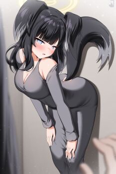 1girl absurdres animal_ears black_hair blue_archive blue_eyes bluerabbit_gap blush breasts dog_ears dog_girl engineering_department_(blue_archive) halo hibiki_(blue_archive) highres long_hair looking_at_viewer tail yellow_halo