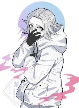1boy aotsuki_eito black_gloves commentary covering_own_mouth drawstring glasses gloves grey_eyes grey_hair hand_on_own_chest highres hood hooded_jacket jacket kakikuyeko3181 looking_at_viewer male_focus pants pocket ringed_eyes short_hair solo the_hundred_line_-last_defense_academy- upper_body watermark white_background white_jacket white_pants