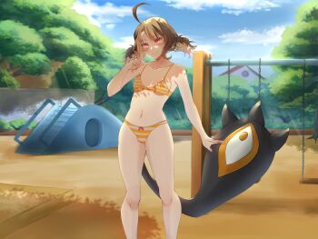 1girl ahoge belly bikini bow breasts brown_hair closed_mouth cloud cloudy_sky commission gigi_murin highres hololive hololive_english looking_at_viewer navel outdoors pink_eyes playground ribbon shadow short_hair sky small_breasts smile solo standing striped_bikini striped_clothes swimsuit swing tail thighs tree virtual_youtuber