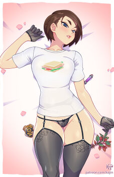 1girl black_gloves black_panties black_thighhighs blue_eyes blush breasts brown_hair g-string gloves highres jill_valentine kajin_(kajinman) lingerie lying on_back panties parted_lips patreon_username police_badge resident_evil shirt short_hair signature t-shirt thighhighs thong underwear white_shirt