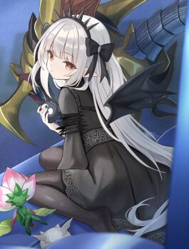 1girl 2others a_bao_a_qu_the_lightless_shadow black_dress black_hairband black_nails black_pantyhose bow demon_girl demon_wings dress duel_monster hair_bow hairband highres long_hair long_sleeves looking_at_viewer looking_back multiple_others pantyhose pointy_ears red_eyes samsara_lotus sitting wings yu-gi-oh! zen77766