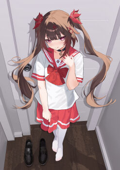1girl :q absurdres alternate_costume bell black_choker blush bow bowtie brown_hair casual choker doorway highres honkai:_star_rail honkai_(series) looking_at_viewer neck_bell pov purple_eyes red_bow red_bowtie red_sailor_collar red_skirt sailor_collar school_uniform senbonsang shirt shoes skirt solo sparkle_(honkai:_star_rail) thighhighs tongue tongue_out twintails unworn_shoes white_shirt white_thighhighs