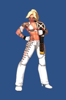 1girl abs absurdres arm_tattoo armband belt black_eyes blonde_hair blue_background collarbone dgk earrings fingerless_gloves fingernails gloves high_heels highres holding holding_belt jewelry leg_tattoo long_hair looking_at_viewer muscular muscular_female navel original over_shoulder parted_lips ponytail shiny_skin shoulder_tattoo simple_background smile solo standing tattoo teeth tooth_earrings white_footwear wrestler