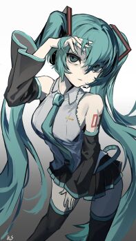 1girl absurdres aqua_belt aqua_eyes aqua_hair aqua_nails aqua_necktie aqua_trim bare_shoulders belt black_boots black_skirt black_sleeves boots collared_shirt detached_sleeves double-parted_bangs fingernails grey_shirt hair_between_eyes hashtag-only_commentary hatsune_miku headset highres k2s long_hair loose_belt nail_polish necktie number_tattoo shirt shoulder_tattoo signature skirt sleeveless sleeveless_shirt tattoo thigh_boots twintails very_long_hair vocaloid