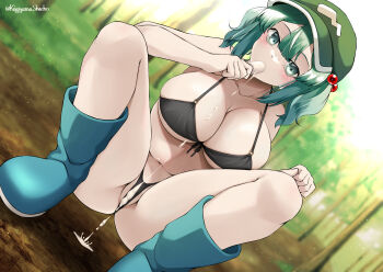 1girl alternate_costume bikini black_bikini blue_boots blue_eyes blue_hair blunt_bangs blush boots bottomless breasts chair cleavage commentary_request computer convenient_censoring desk dripping dutch_angle flat_cap food food_in_mouth full_body green_hat hair_between_eyes hair_bobbles hair_ornament hat highres ice_cream indoors kagiyama_shachou kawashiro_nitori large_breasts looking_at_viewer m_legs medium_hair melting open_mouth partially_visible_vulva popsicle popsicle_in_mouth sexually_suggestive slav_squatting solo spread_legs squatting swimsuit touhou twitter_username two_side_up window_shadow