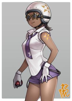 1girl brown_hair carmen_(pokemon) dark-skinned_female dark_skin gloves helmet holding holding_poke_ball light_smile motorcycle_helmet necktie neone nintendo poke_ball pokemon pokemon_sv purple_shorts shirt short_hair short_shorts shorts simple_background sleeves_rolled_up solo star_(symbol) sunglasses team_star_grunt white_gloves white_helmet white_shirt