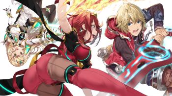1boy 2girls bare_shoulders black_gloves blonde_hair bob_cut breasts chest_jewel dress earrings elbow_gloves fingerless_gloves floating_earrings gloves jewelry large_breasts long_hair multiple_girls mythra_(massive_melee)_(xenoblade) mythra_(xenoblade) nintendo pantyhose pantyhose_under_shorts pyra_(xenoblade) red_eyes red_hair red_legwear red_shorts short_dress short_hair short_shorts shorts shulk_(xenoblade) super_smash_bros. swept_bangs thigh_strap thighhighs thighs tiara very_long_hair white_dress white_footwear white_gloves xenoblade_chronicles_(series) xenoblade_chronicles_1 xenoblade_chronicles_2 yappen yellow_eyes