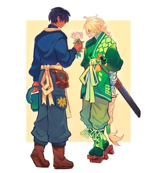 Rule 34 | 2boys, absurdly long hair, absurdres, ahoge, animification, apron, armor, arms behind back, bag, bandaged arm, bandaged hand, bandages, belt, black hair, blonde hair, blue shirt, blush, boots, brad tudabone, braid, brown bag, brown shoes, closed mouth, commentary, dougi, earrings, english commentary, flower, full body, geta, green dougi, green pants, grin, hair over eyes, hand on own arm, highres, holding, holding flower, holding watering can, japanese armor, japanese clothes, jewelry, lloyd garmadon, long braid, long hair, long sleeves, male focus, multiple boys, ninjago, no eyes, pants, scabbard, scissors, sheath, sheathed, shirt, shoes, short hair, simple background, single braid, smile, standing, suneate, sword, tabi, tassel, teardrop earrings, very long hair, watering can, weapon, yaoi, yellow apron, yellow belt, yhwcomeback