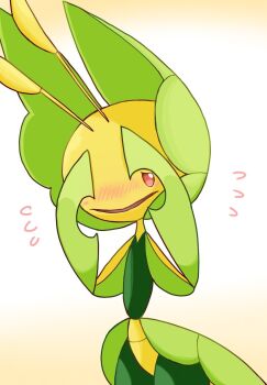 1girl antennae arthropod_girl blush colored_skin covering_face cowboy_shot embarrassed female_focus flat_chest furry furry_female gen_5_pokemon green_skin half-closed_eyes hands_up leavanny looking_at_viewer monya multicolored_skin nintendo nose_blush pokemon pokemon_(creature) red_eyes shy solo standing yellow_skin